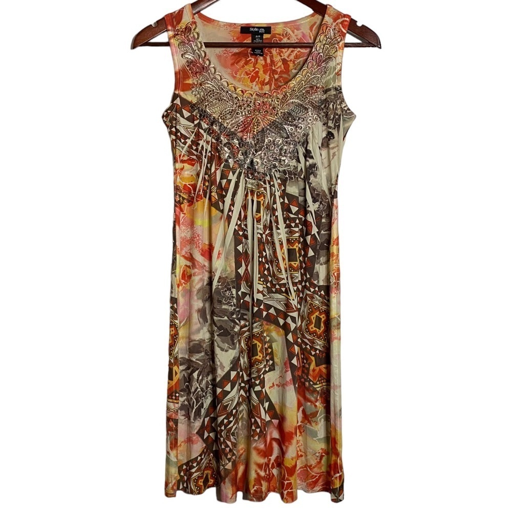 Style & Co Petite Sleeveless Abstract A Line Embroidered Collar Dress Petite PP